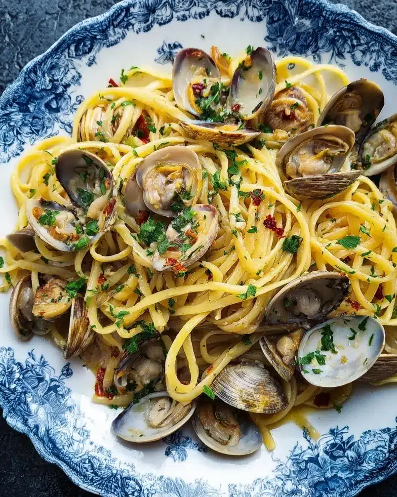 Linguine alle vongole recipe (pasta with clams) 3 The process of cooking the clam sauce for Linguine alle Vongole on the stove.