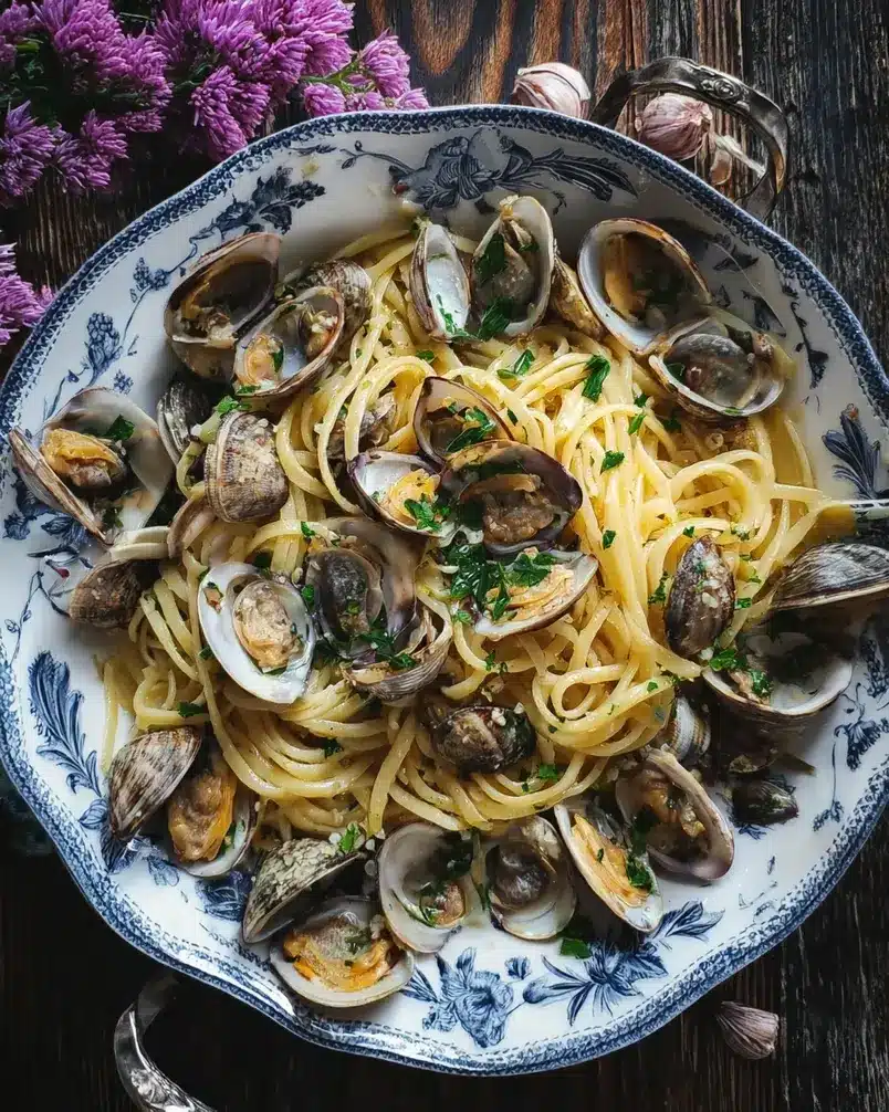 Linguine alle vongole recipe (pasta with clams) 2 Recipe preparation for Linguine alle Vongole with clams, prepped ingredients close up