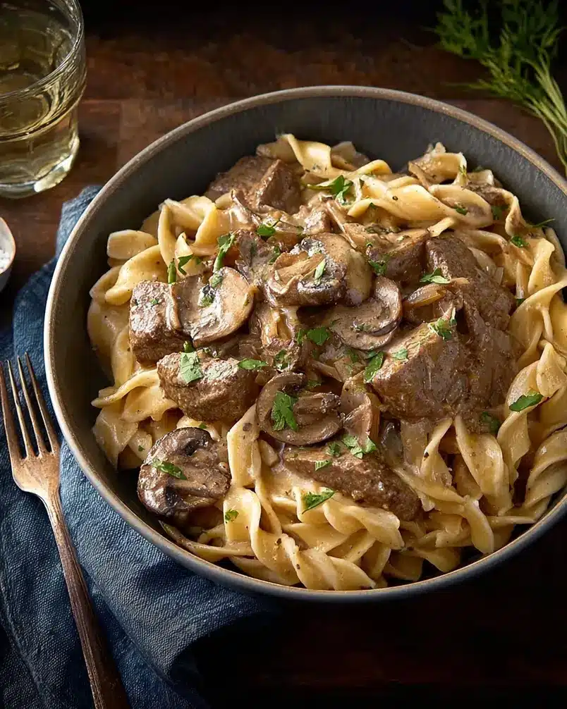 Beef Stroganoff 3 Cooking process image, showing beef being seared in a pan on the stovetop.