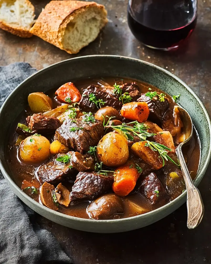 Beef Bourguignon 3 Beef Bourguignon simmering in a dutch oven