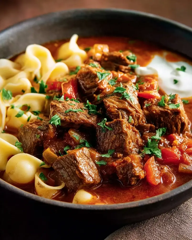 Hungarian Beef Goulash 3 Goulash simering in a dutch oven