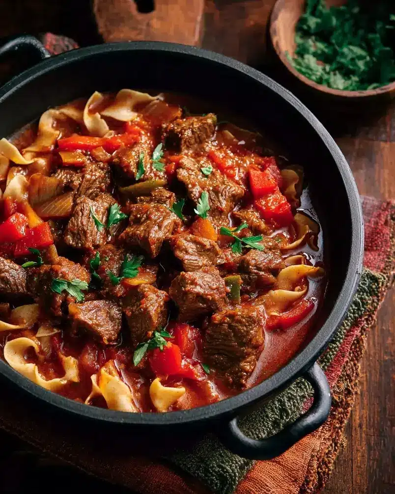Hungarian Beef Goulash 2 Raw ingredients laid out on a wooden surface, showcasing vibrant colors and textures.