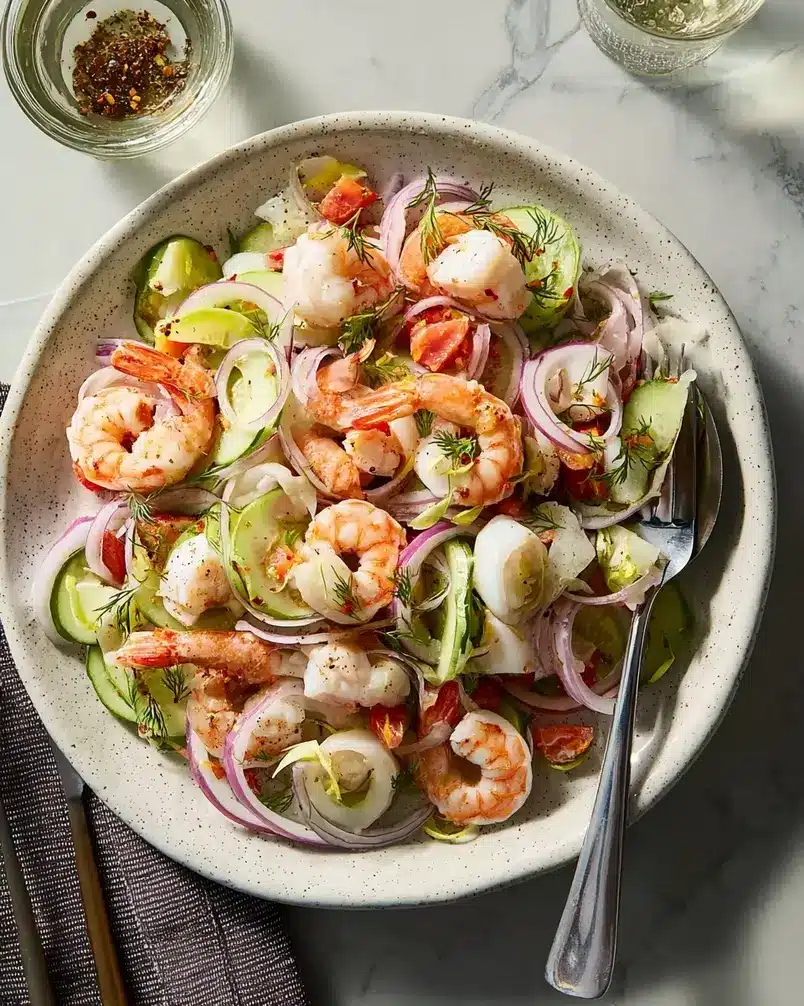 Seafood Salad 3 Seafood salad being mixed in a glass bowl