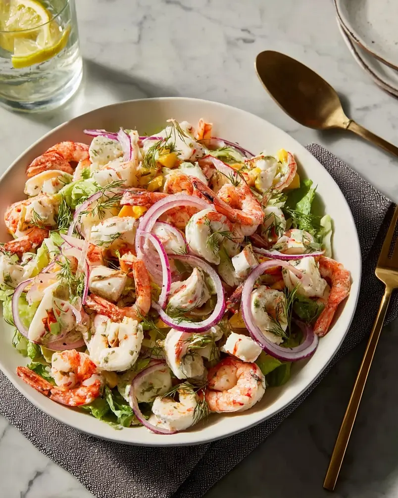 Seafood Salad 2 Seafood salad ingredients on a wooden cutting board