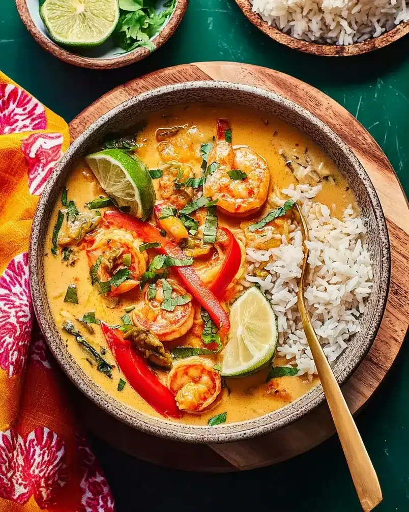 Moqueca (Seafood & Coconut Chowder) 3 Cooking process image showing the Moqueca simmering in a pot on the stovetop, steam rising, showcasing the vibrant colors of the ingredients and indicating the dish is nearly ready.