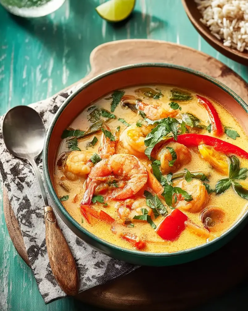 Moqueca (Seafood & Coconut Chowder) 2 Recipe preparation image showing sliced bell peppers, onions, tomatoes, and cilantro alongside prawns, fish fillets, and a can of coconut milk, illustrating the fresh ingredients needed for Moqueca preparation.