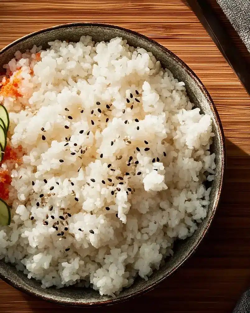 Perfect Sushi Rice 2 Close-up of perfectly cooked sushi rice in a wooden bowl, ready to be used for sushi making.