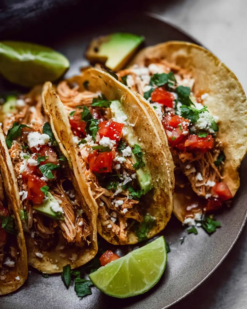 Crockpot Chicken Tacos 3 Shredded crockpot chicken is being spooned from a crockpot for making tacos.